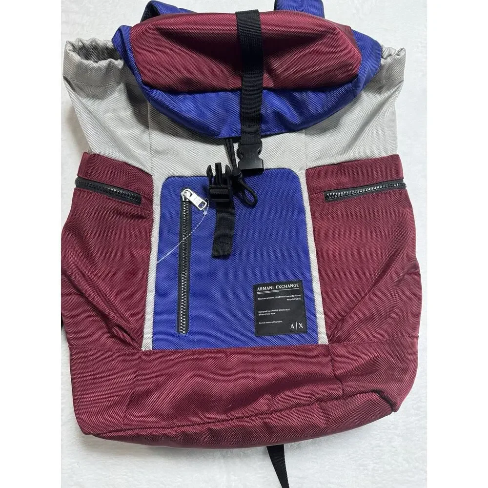Armani Exchange Backpack Color block Blue Red Gray Zip Front Unisex School Bag